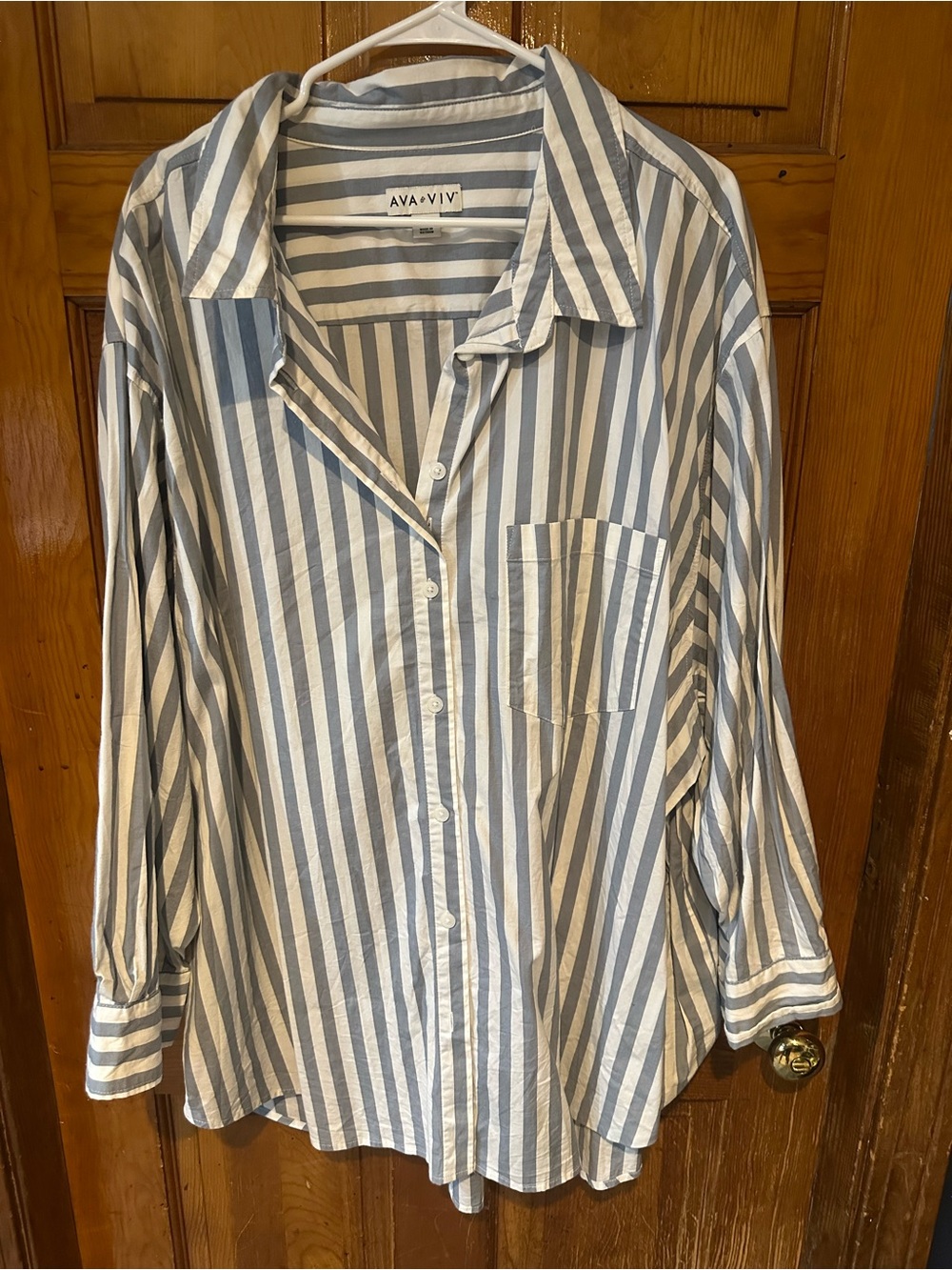 Blue and White Striped Tunic Style Button-Up Shirt